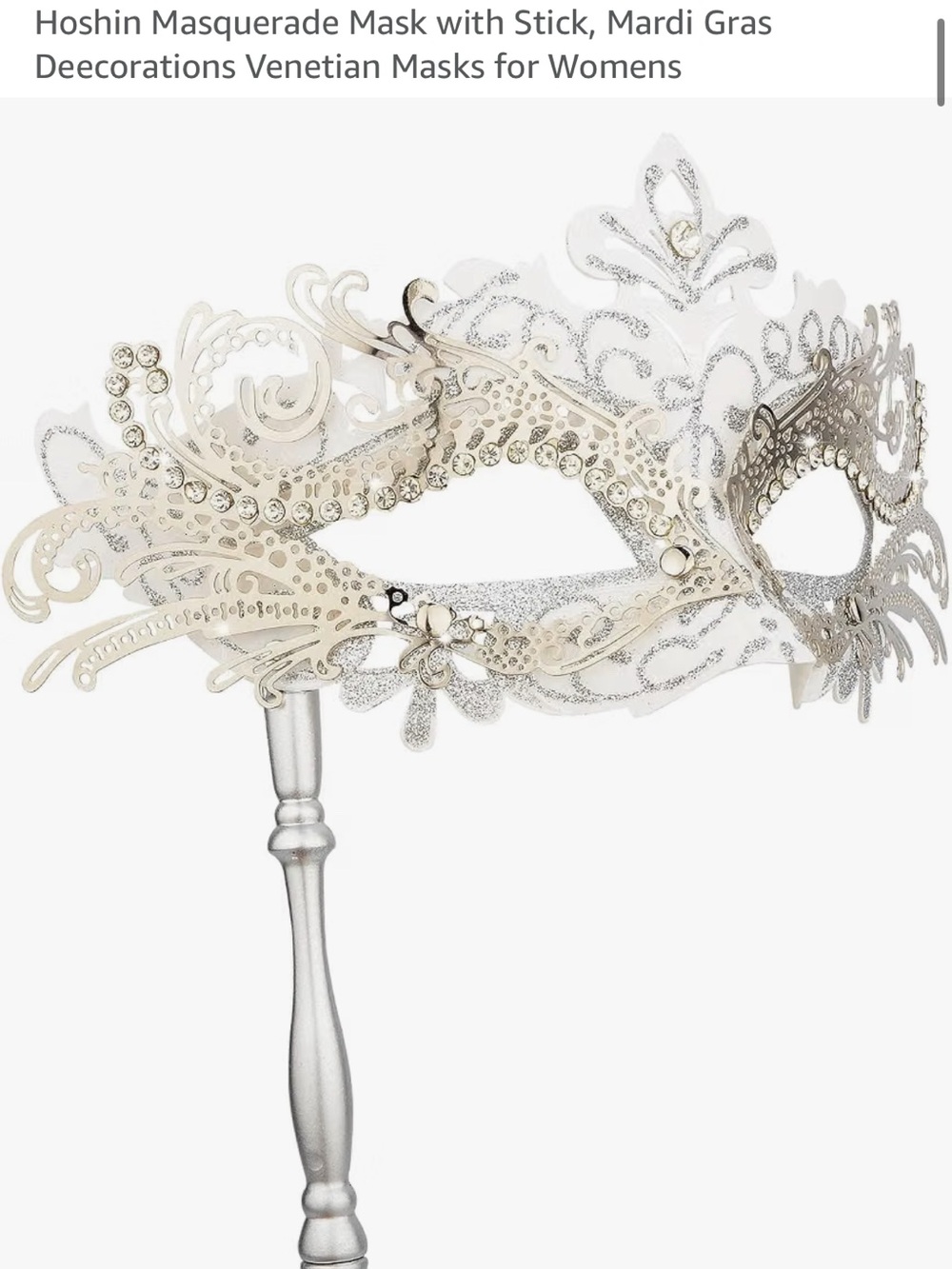 Silver Venetian Masquerade Mask on Stick for Women - Elegant Silver Design